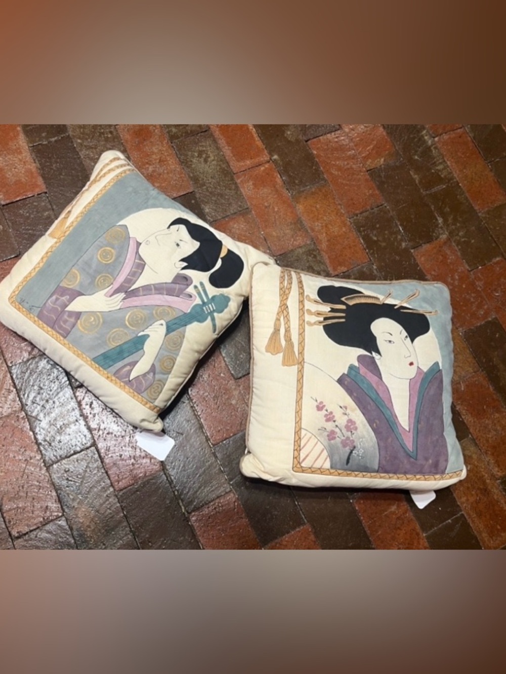 Pair of Oriental vintage hand painted accent pillows 2312